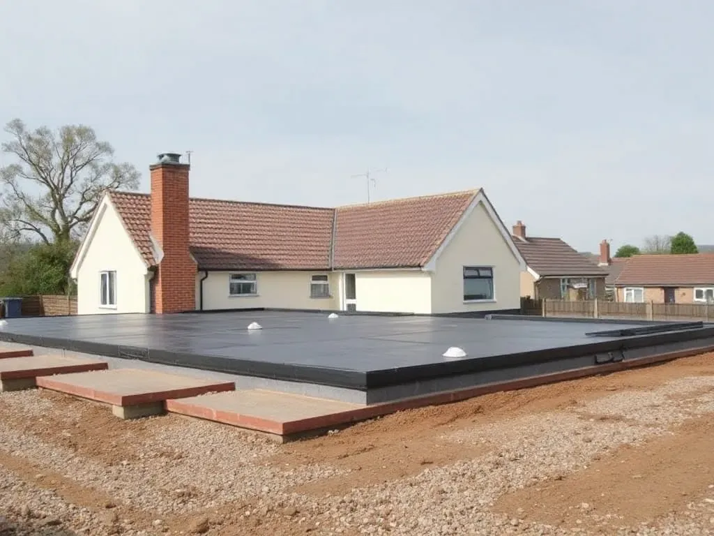 The site involved in bungalow flat roofs, near Ongar, seen from a distance