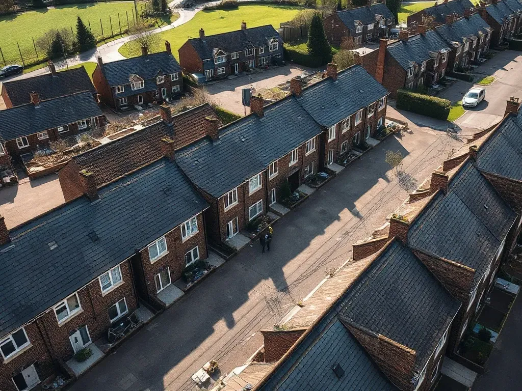 An elevated view across a site relevant to new-town terraces near Ongar